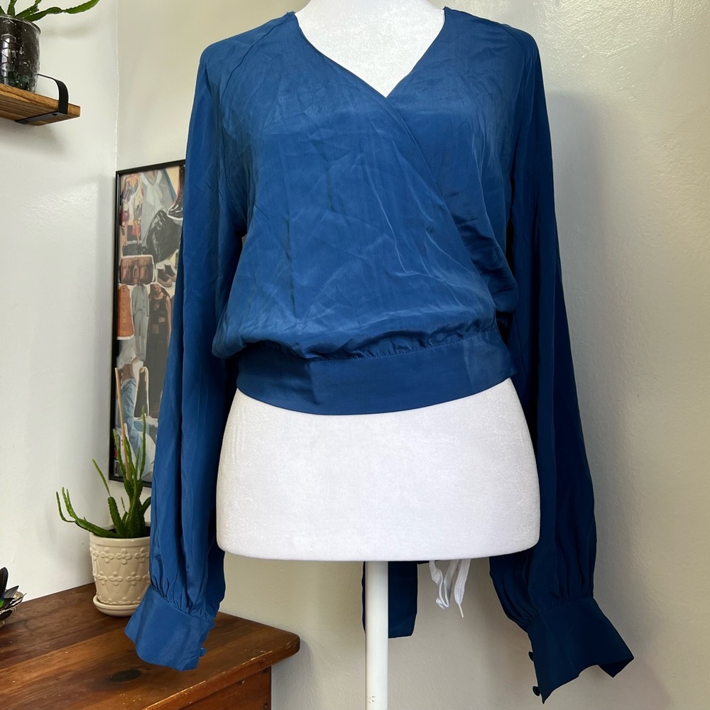 7 For All Man Kind Royal Blue Silky Wrap V-Neck Top Blouse Button Sleeves XS